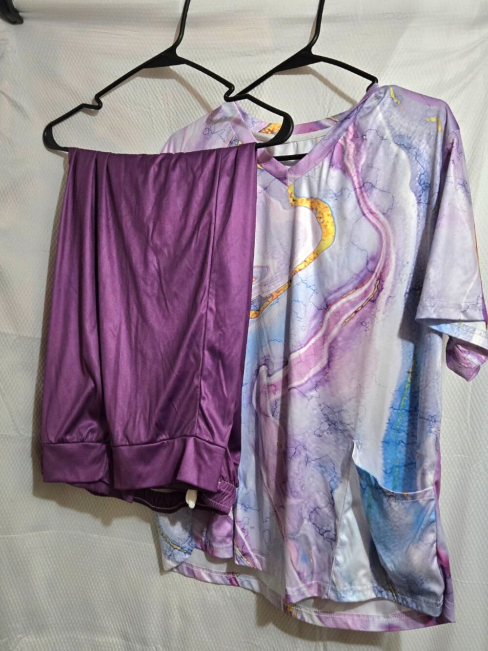 2XL Purple Blue Marble Print Scrub Set Top & Jogger Pants